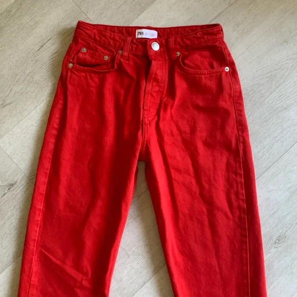 Zara The 90's Full Length Jeans Red Size 4 buttons fly raw ham - Picture 5 of 16